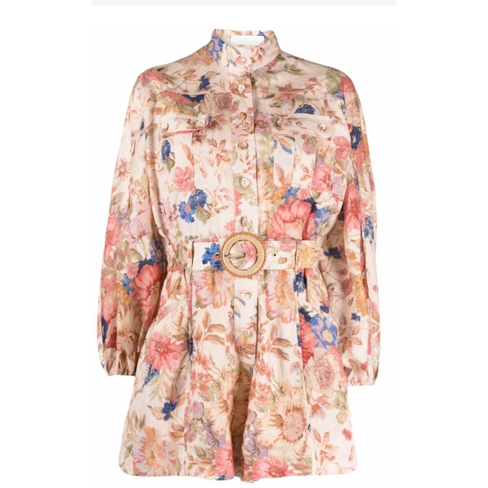 Zimmermann Raie Floral Linen Romper Belted Long Sleeve Utility Playsuit Pink 10